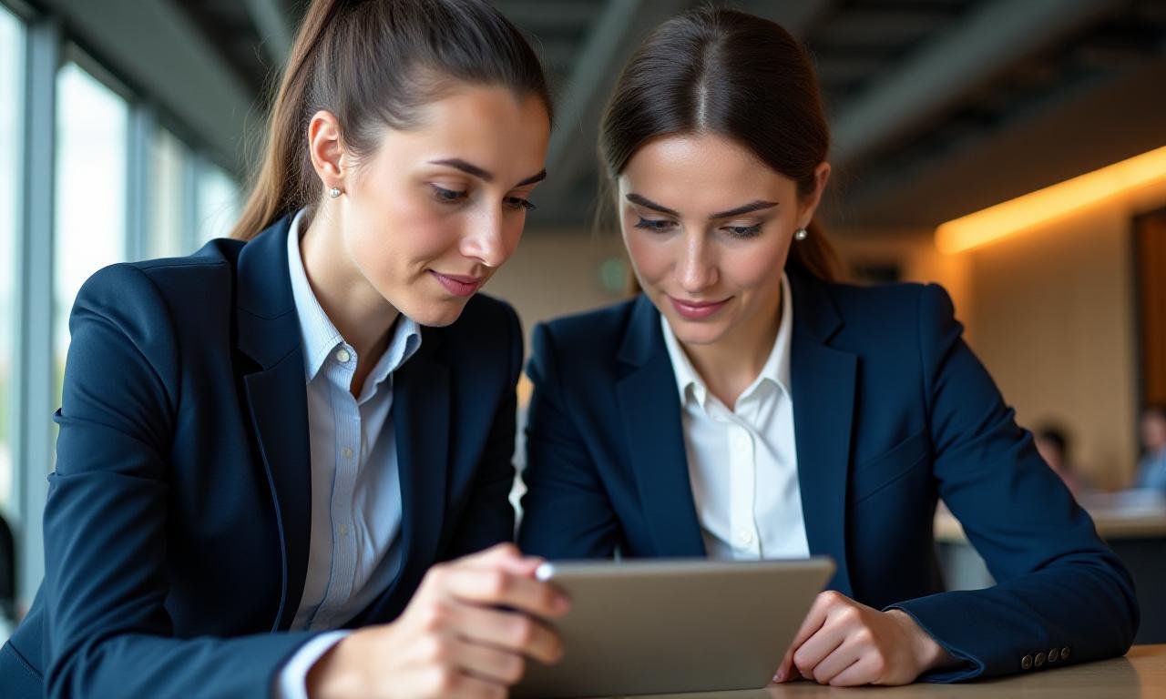 Consultant and executive reviewing financial data on a digital tablet
